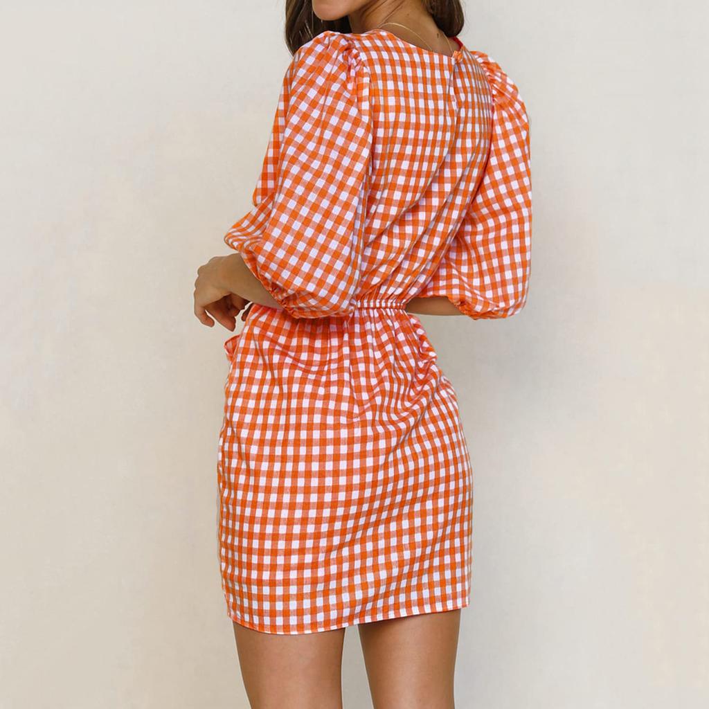 Women's Fashion Plaid Drawstring Waistband Indented Seventh Sleeve Dress