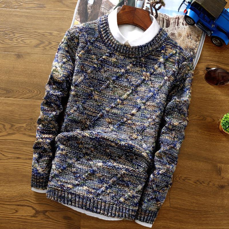 Winter 2025 Men's Korean Style Slim Fit Diamond Pattern Round Neck Pullover Knitwear