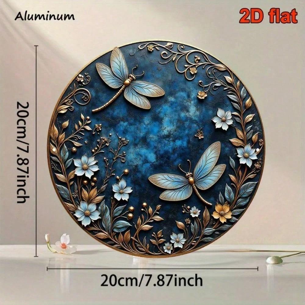 Vintage Gold Dragonfly Floral Metal Wall Art 8 Inch Retro Blue Aluminum Sign Living Room Bedroom Decor