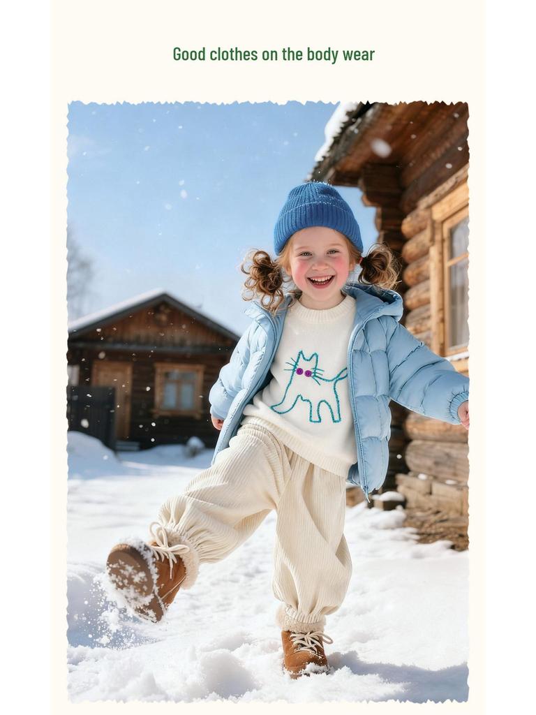 2025 Winter Girls' White Duck Down Jacket: Solid Color Hooded Casual Warm Coat