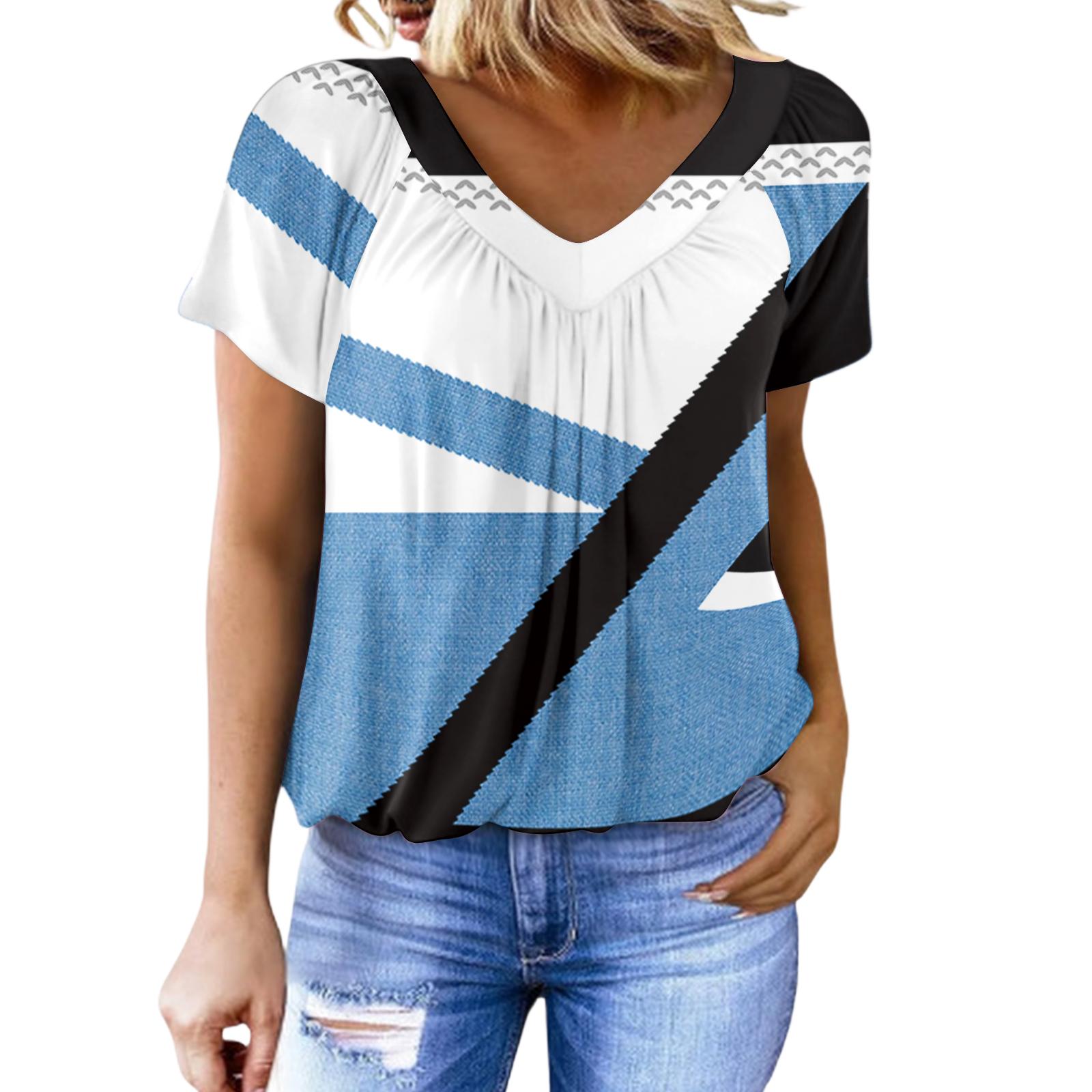 Women s Casual V Neck Short Sleeve Top Geometric Print Pleated Design Lightweight Soft Fabric Blouse for Everyday Wear XXL