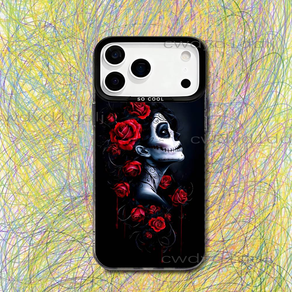 Mexican Catrina Skull Girls For iPhone 17,16,15,14,13,12,X,8,Pro,Max,Plus,SE4,Air,Mini Black IMD Matte Case