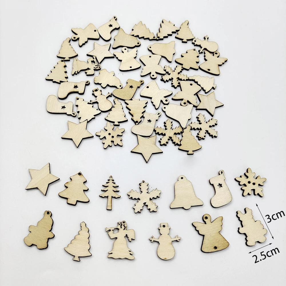 50Pcs Mixed Christmas Wood Chips Christmas Wooden Decoration Snowflake Chips Elk Xmax Tree Ornament Christmas Diy Craft Supplies