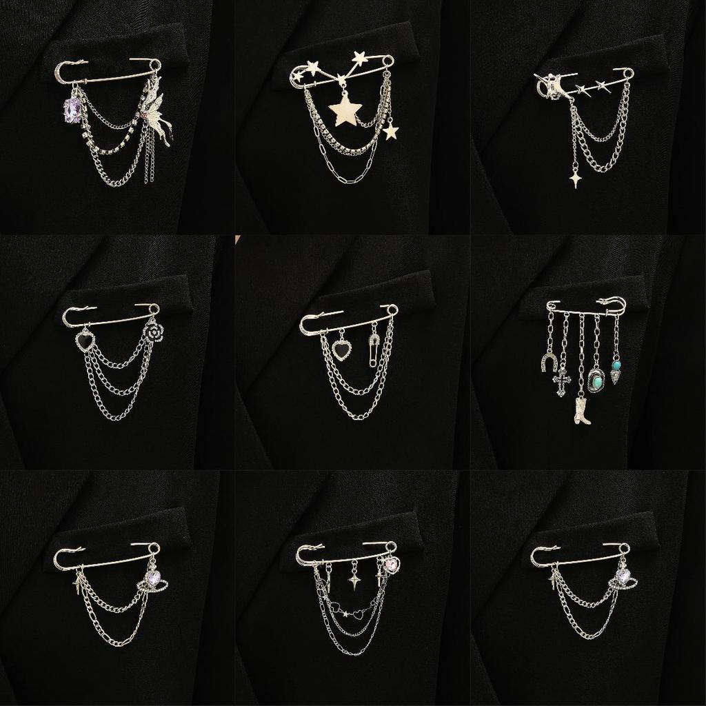 Minimalist Cross Jewelry Paperclip Chain Brooch—Unisex Punk Hip Hop Heart Pin with Tassel for Suits