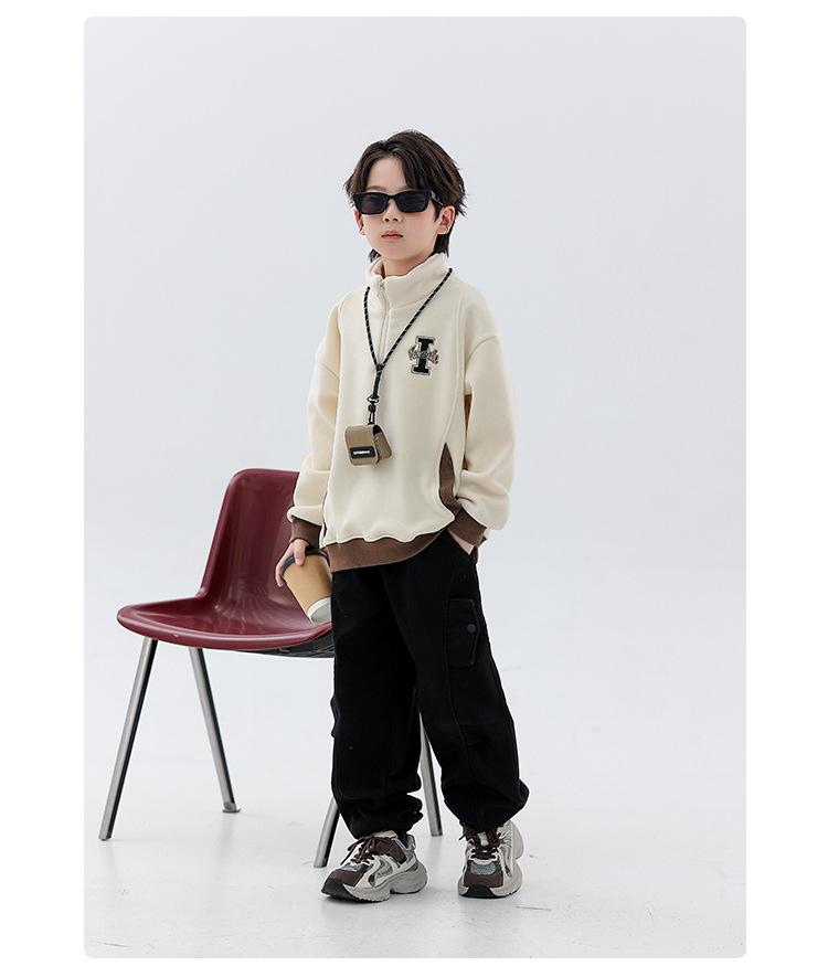 Boys' Reversible Fleece Hoodie - 2025 Autumn/Winter Collection, Thickened Half-Zip Pullover, Long-Sleeve Fashion Top for Medium/Large Kids.