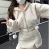 Elegant Solid Two-piece Skirt Sets Women Zipper Hoodies Jacket + Split Mini Skirt Autumn Winter Sexy Korean Style Outfits New