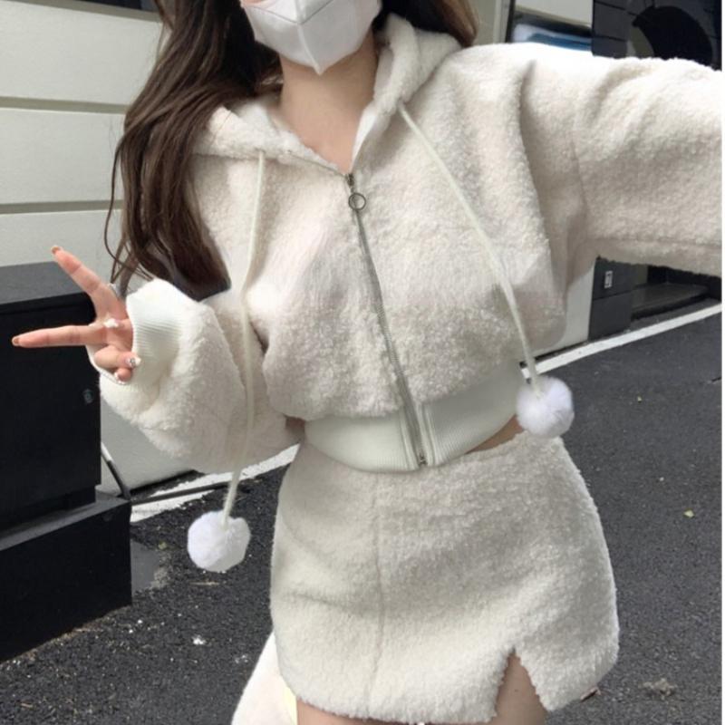 Elegant Solid Two-piece Skirt Sets Women Zipper Hoodies Jacket + Split Mini Skirt Autumn Winter Sexy Korean Style Outfits New