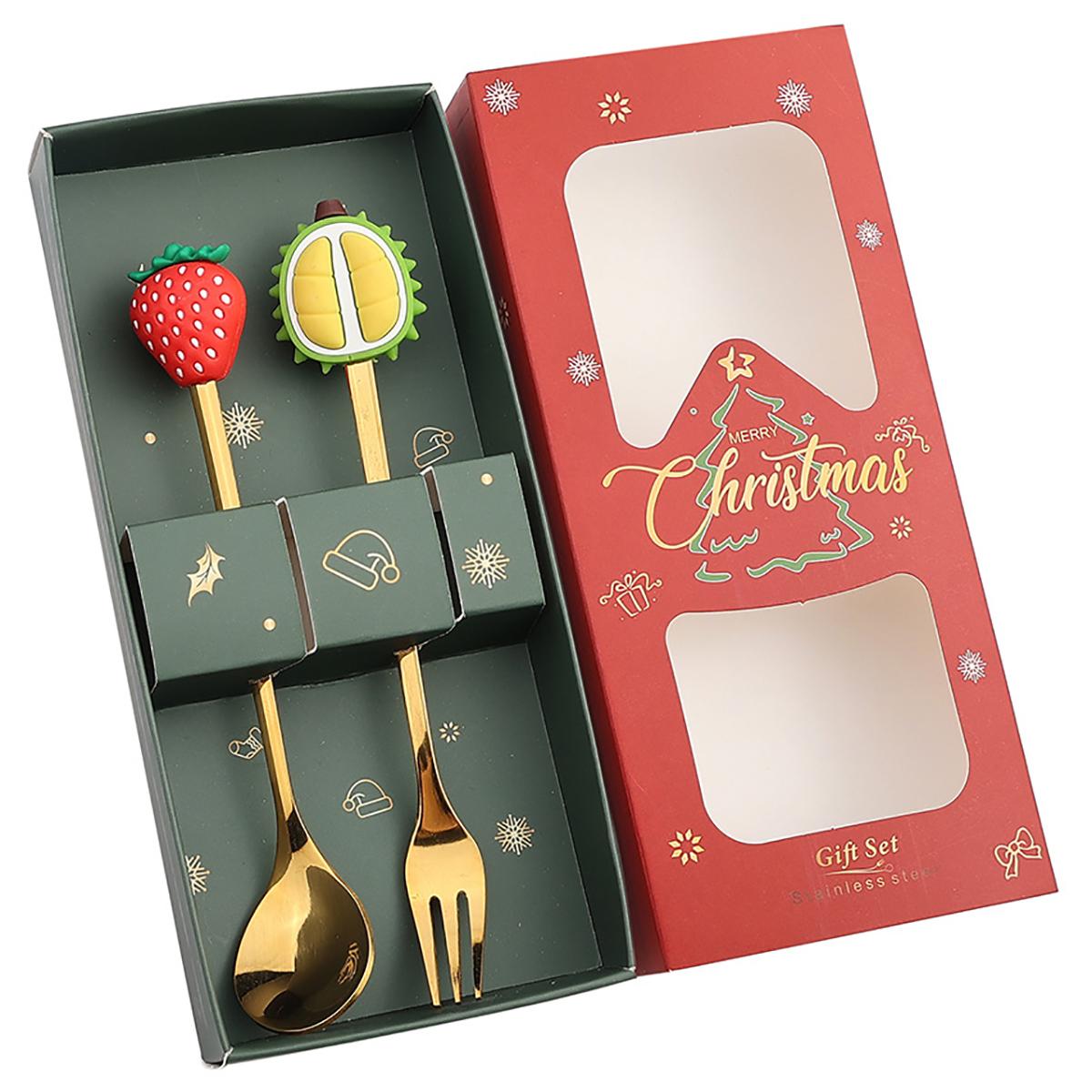 

2Pcs Christmas Theme Dinnerware Set with Gift Box Elk Deer Christmas Hat Tree Fork Spoon Cutlery Set Stainless Steel Tableware