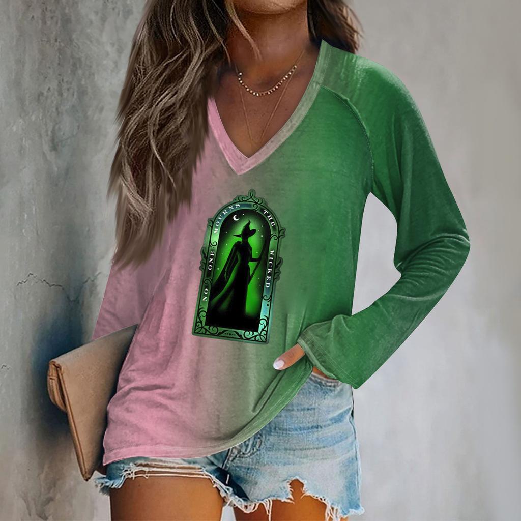 Women's Long Sleeve Plunger Sleeve Witch Printed Casual Top T-Shirt