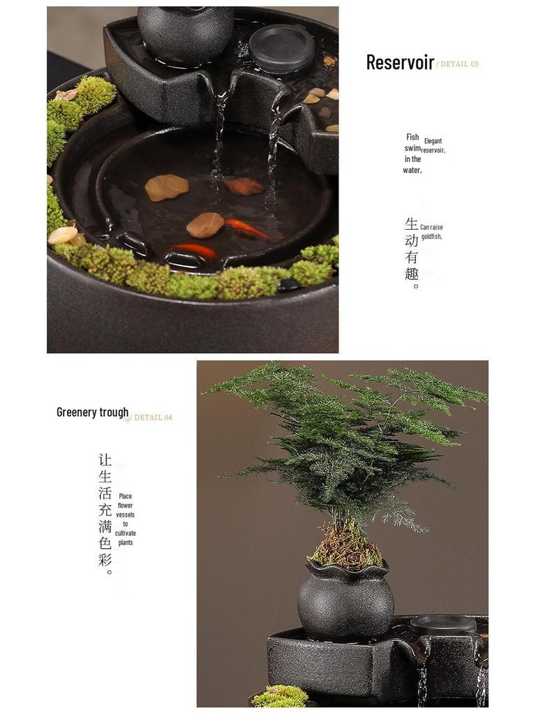 Keramická fontána s tekoucí vodou: Dekorace na stůl přitahující bohatství pro obývací pokoj a kancelář