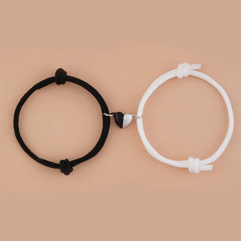 2Pcs Black White Hand Rope Bracelet, Magnetic Heart Charm, Couple Best Friend Bangle, Elegant Party Jewelry Gift