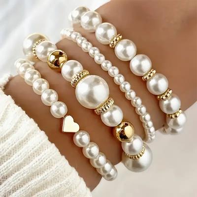 4 Pcs Elegant Boho Heart Charm Beads Bracelet Set Fashion Faux Pearl Layered Bracelets for Women Daily Wear Jewelry Gifts 2026
