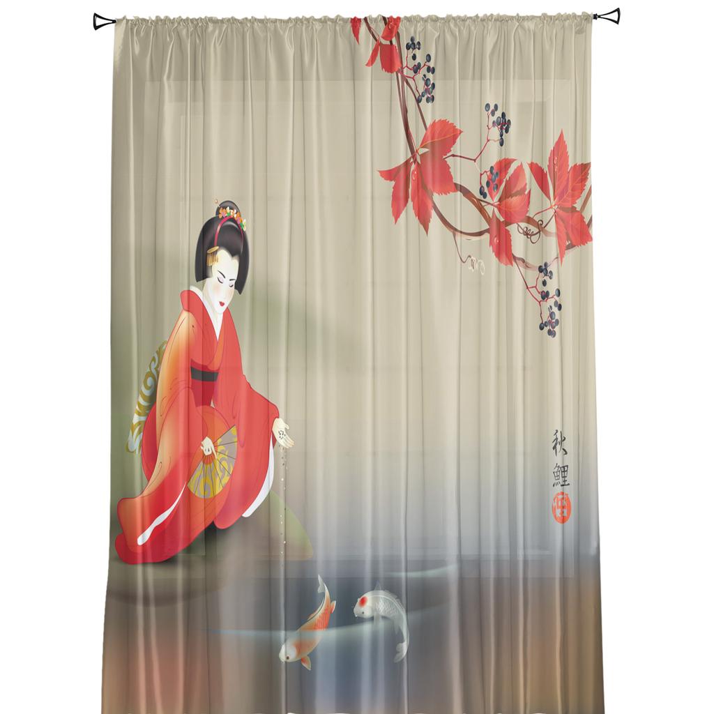Japanese Geisha Carp Maple Leaf Sheer Curtains for Living Room Decoration Window Curtains Kitchen Tulle Voile Organza Curtains