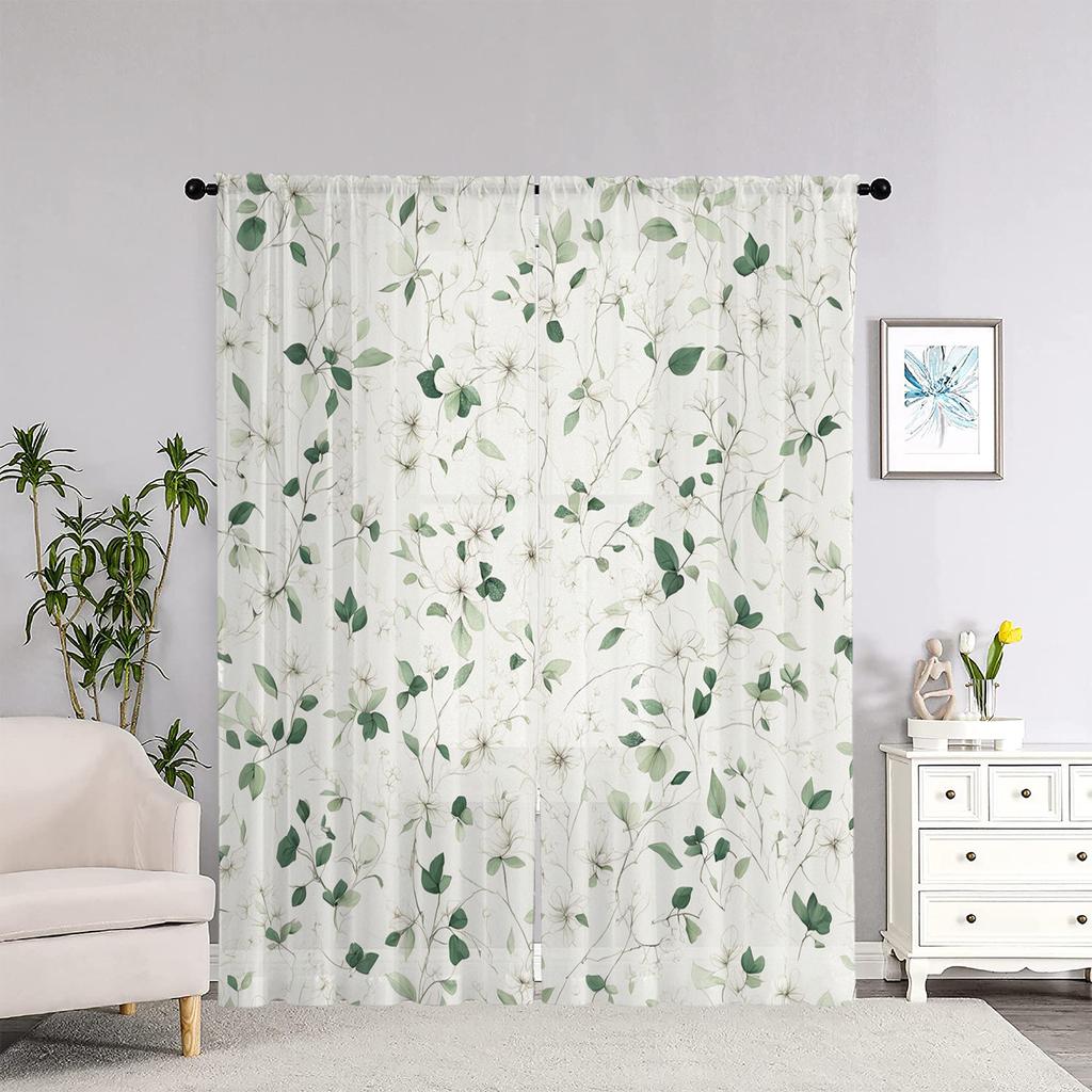 2Pc Green Branches And White Flowers Pattern Curtains, Polyester Fabric, Machine Washable, Suitable For Living Room And Bedroom