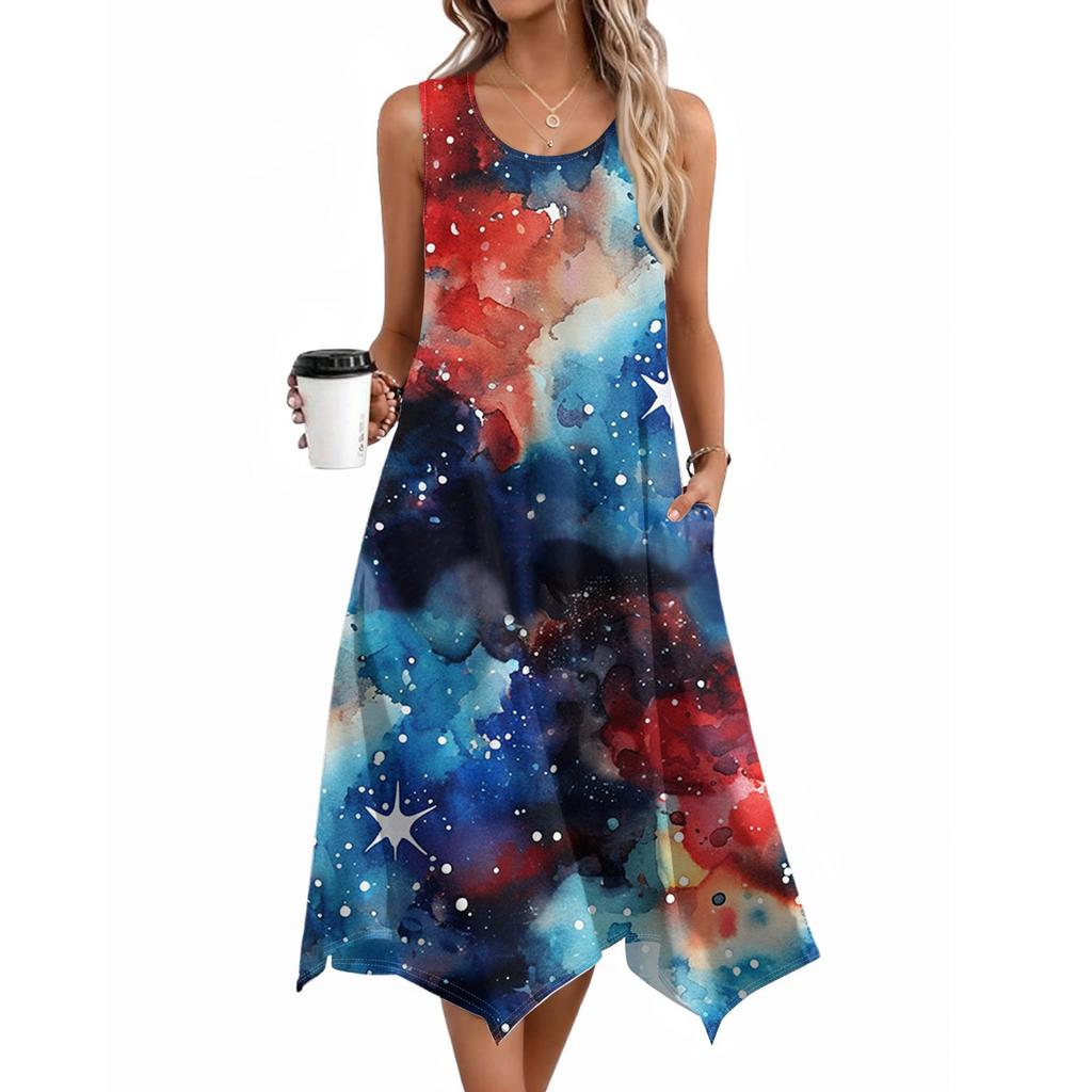 Dámské ležérní šaty na léto Tílkové šaty Volné plážové šaty s kapsami Rozšířené midi letní šaty