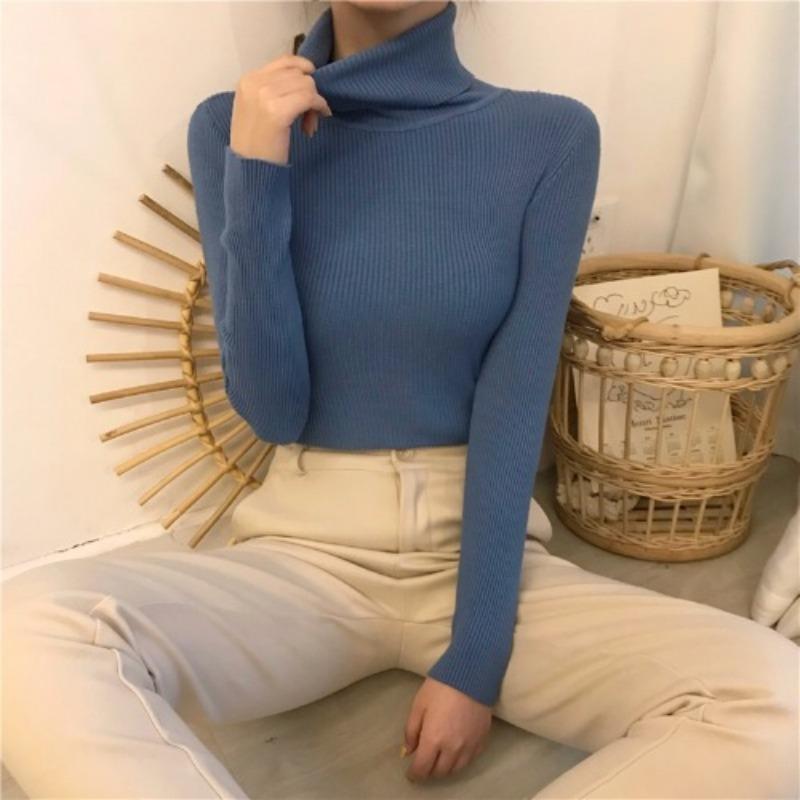 Women's Autumn Winter Long Sleeve High Neck Knit Base Layer Slim-Fit Solid Color Pullover Tight-Fitting Top