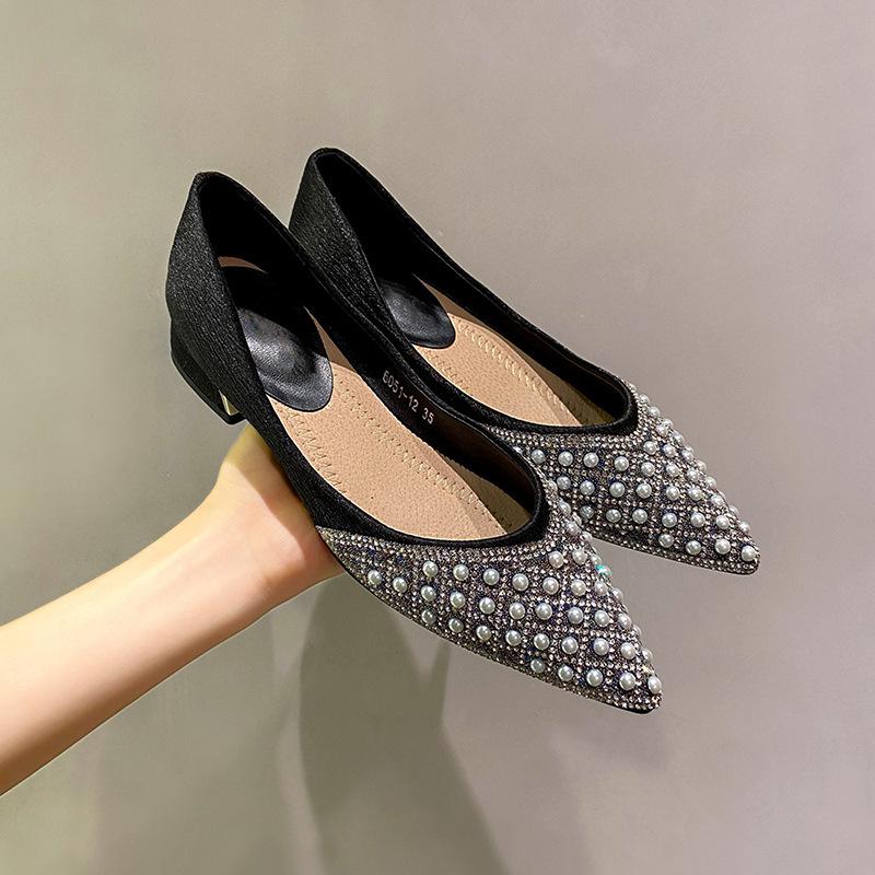 New Low-Heel Classic Fashion Versatile Pointed Toe 3cm Chunky Heel Shallow Mouth Rhinestone Pearl Mesh Women'S Shoes