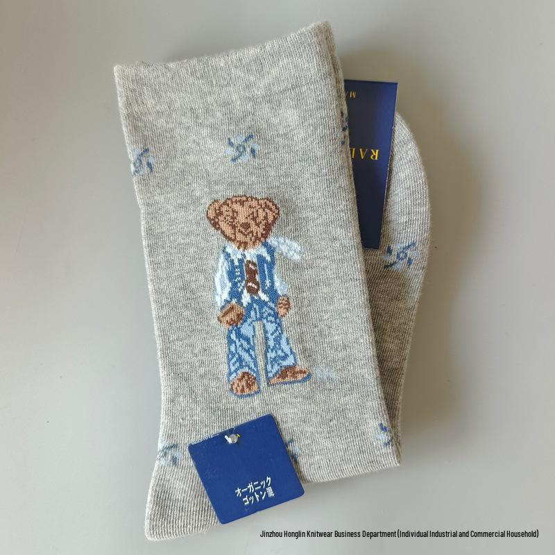 Trendy Little Bear Mid-Calf Women's Cotton Socks for Spring and Autumn