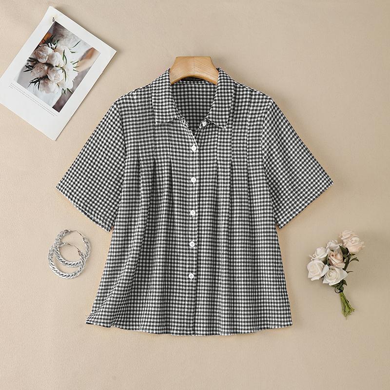 

ZANZEA Women Casual Turn Down Collar Loose Short Sleeve Plaid Print Blouse 5XL чорний
