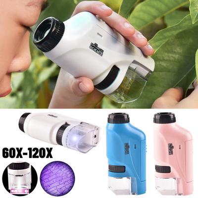 Pocket Microscope Educational Kids Science Toy Kit Battery Powered 60X-120X Mini Handheld Microscope with LED Light for Children