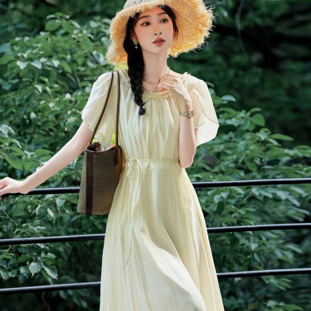 Elegant French Style Long Dress with Petal Sleeves and Belted High Waist