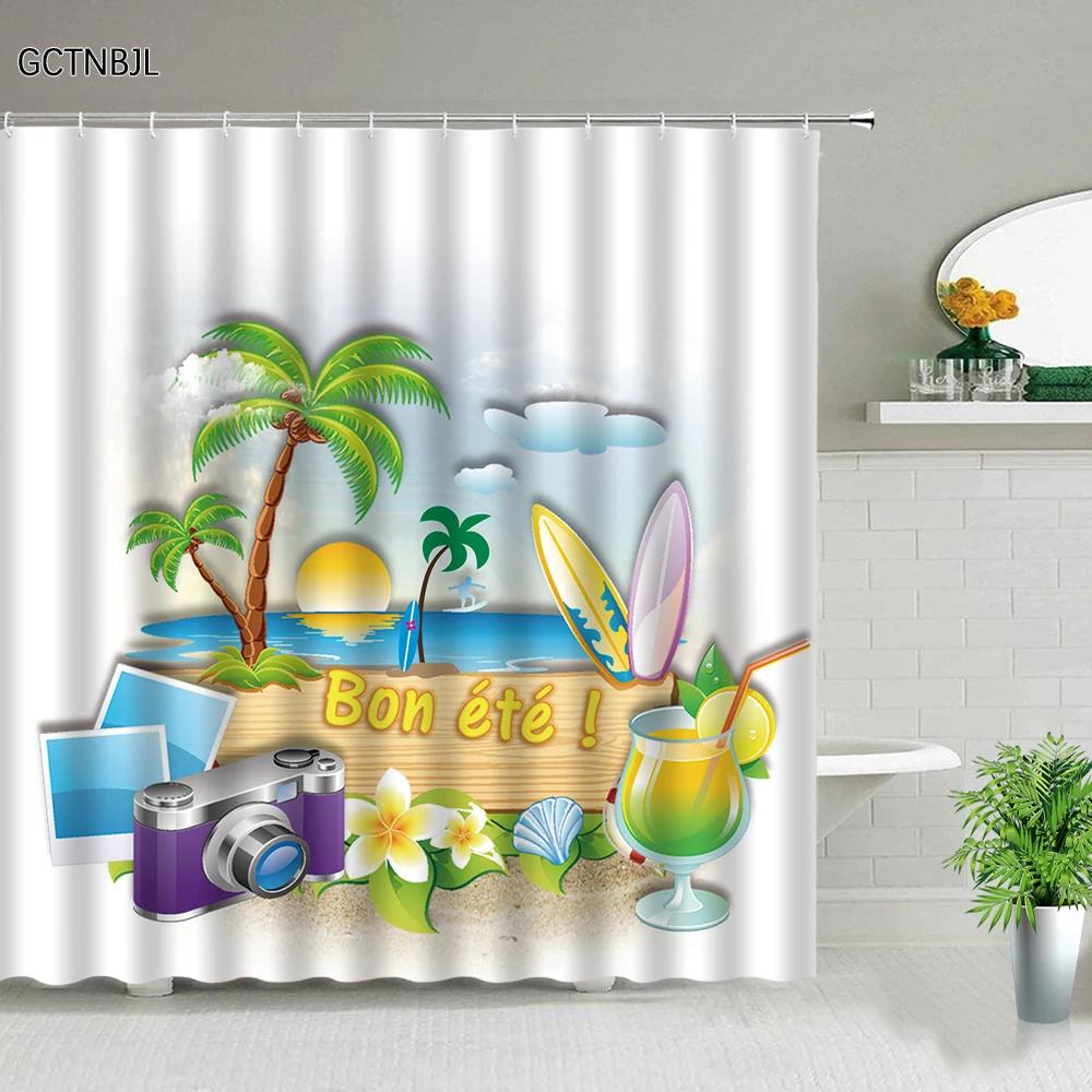

Cartoon Summer Travel Shower Curtain Camper Skateboard Ocean Coconut Landscape Polyester Fabric Home Decor Hook Bathroom curtain 90x180cm-35x70in