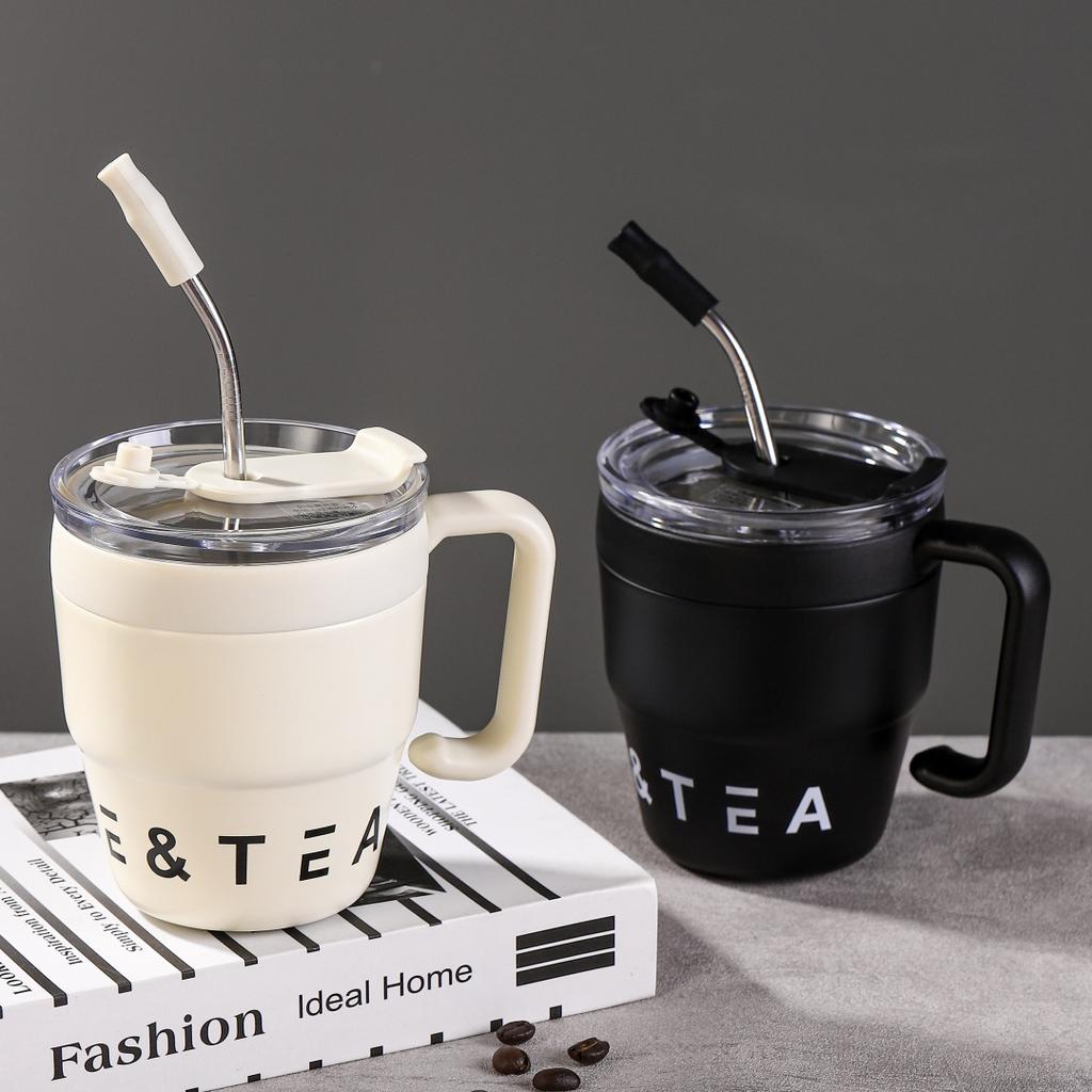 Wake Up Coffee Cup Handle Straw Cup Stainless Steel Coffee Cup Thermos Cup Men's and Women's Water Cups Office Mugs