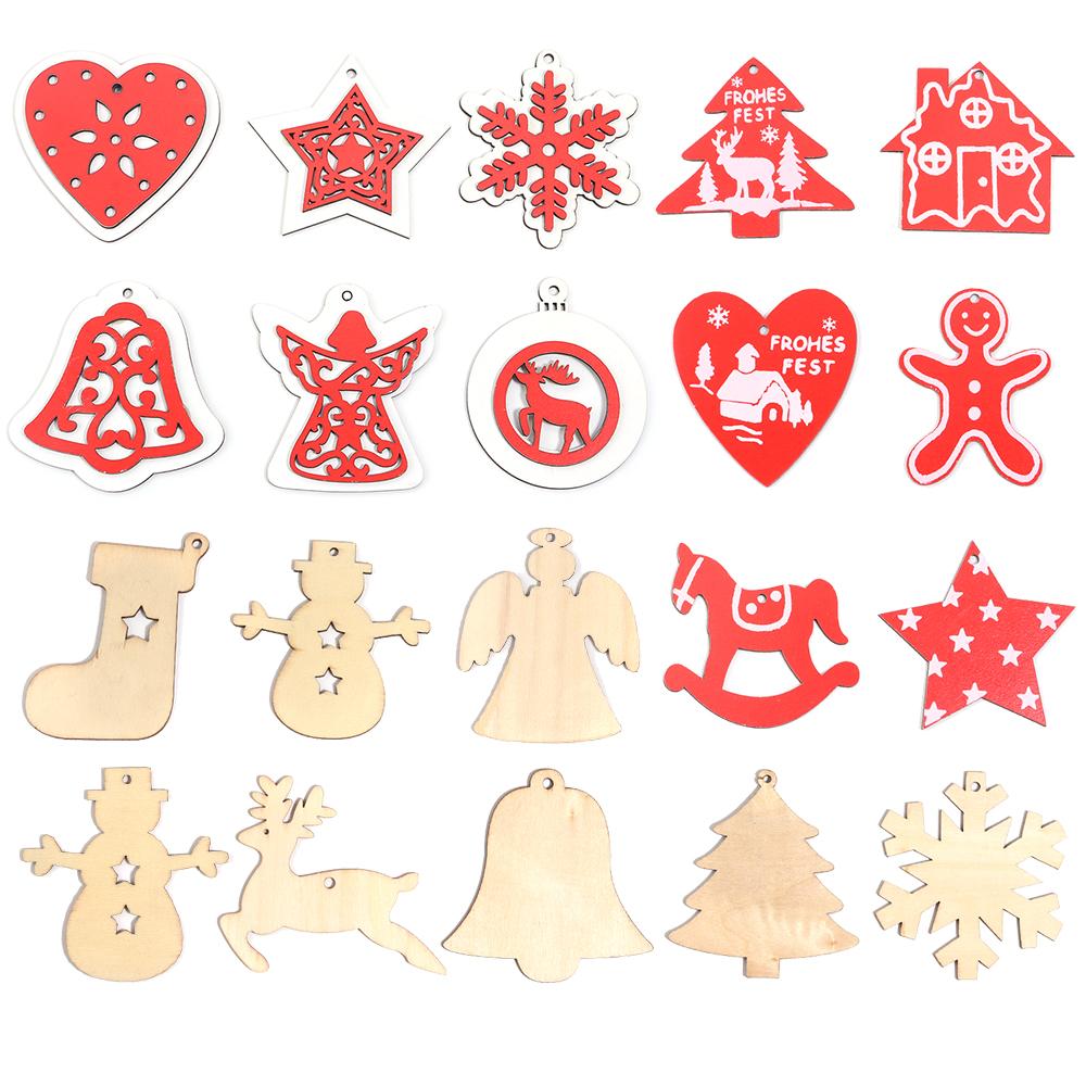 Wooden Christmas Hanging Ornaments Snowman Snowflake Bell shaped Pendant For DIY Craft Home New Year Christmas Tree Decoration