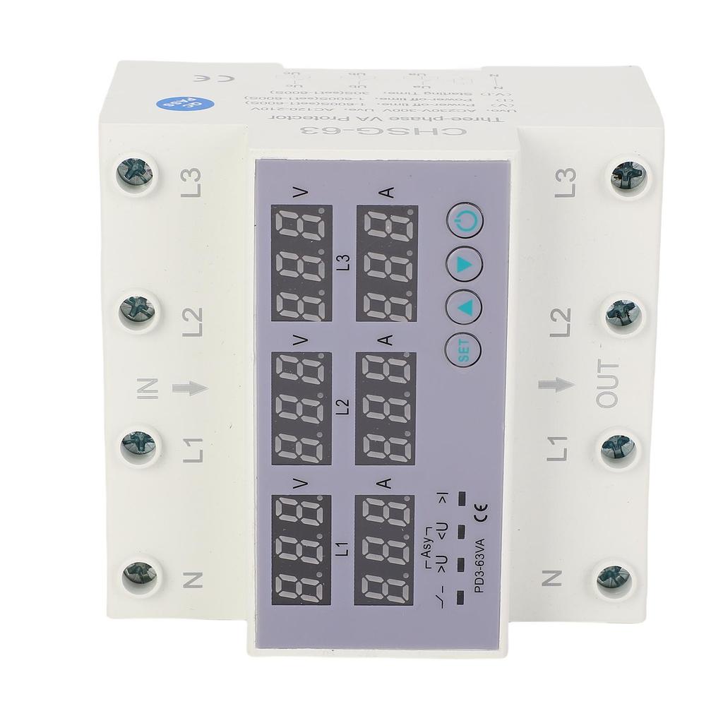 3 Phase DIN Rail Voltmeter Ammeter Automatic Overvoltage Overcurrent Protector AC230 300V