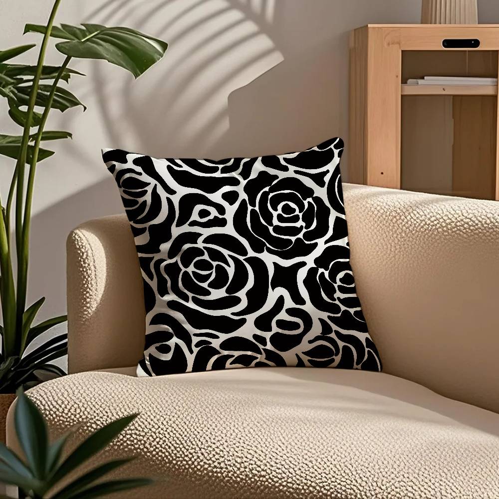 Svartvit Växtmönster Blad Kuddfodral Komfort Soffa Säng Silkeslen Elegant Dold Dragkedja Anpassad Dekorativ Kuddeöverdrag