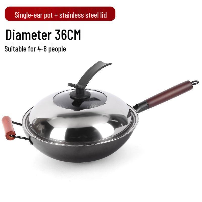 Uncoated Hand-Hammered Forged Iron Wok with Non-Stick Surface and Stir-Fry Spatula for Open Flame Household Cooking