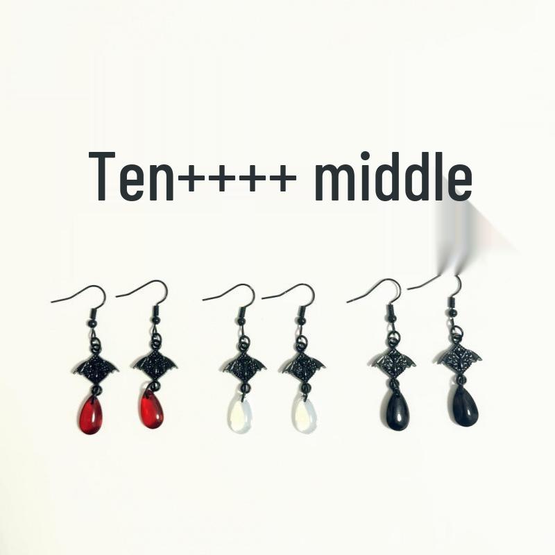 Gothic Black Bat Earrings with Red Crystal