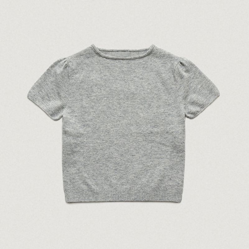 

Pig Oni South Korea Ins Eight Milk Home Minimalist Casual round Neck Puff Short Sleeve T-shirt Short Knitwear Tops Women Grey All yards