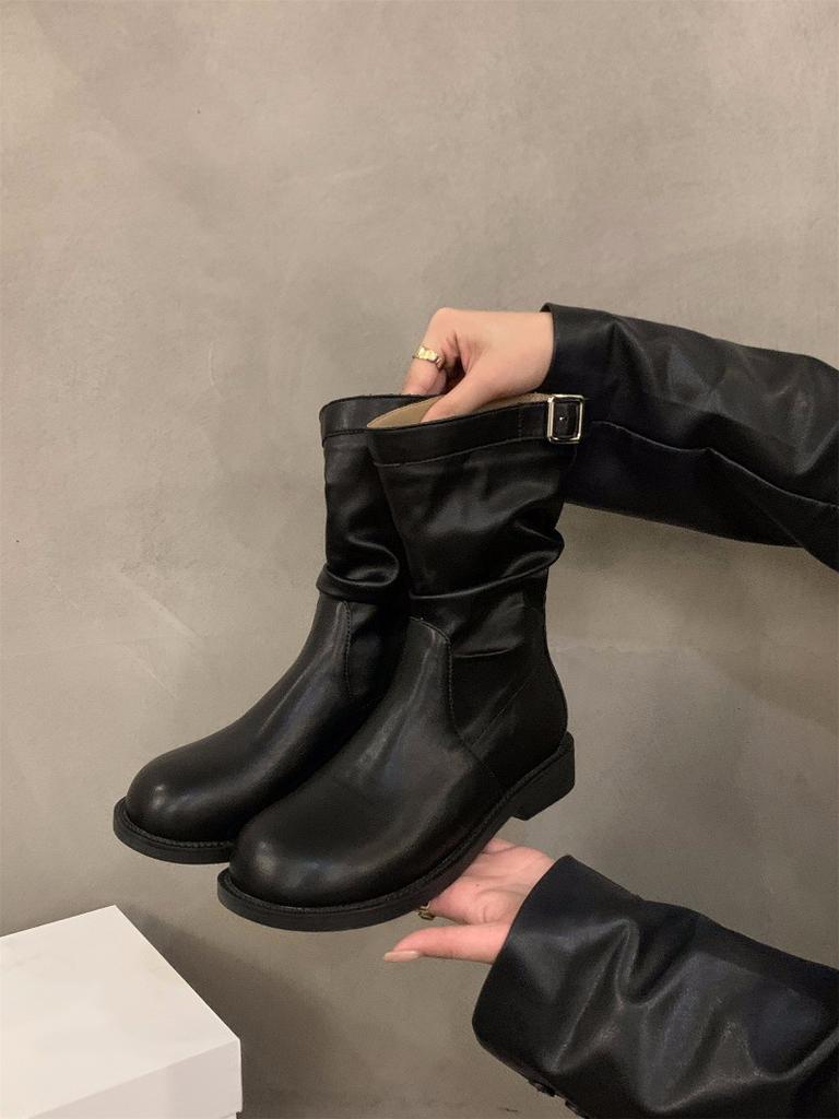 Height-increasing thick heel retro medium boots knight boots women's 2025 new single boots stacked small short boots autumn and winter Martin boots