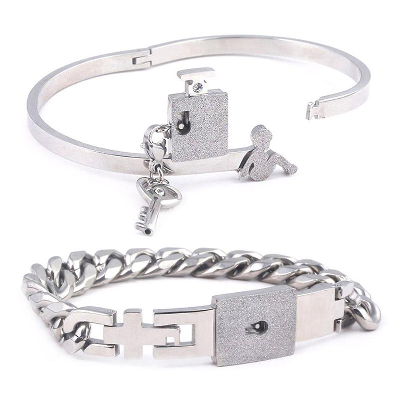Couple Jewelry Stainless Steel Bracelet Love Heart Lock Bracelets Bangles Key Pendant Necklace for Lover Jewelry Gift