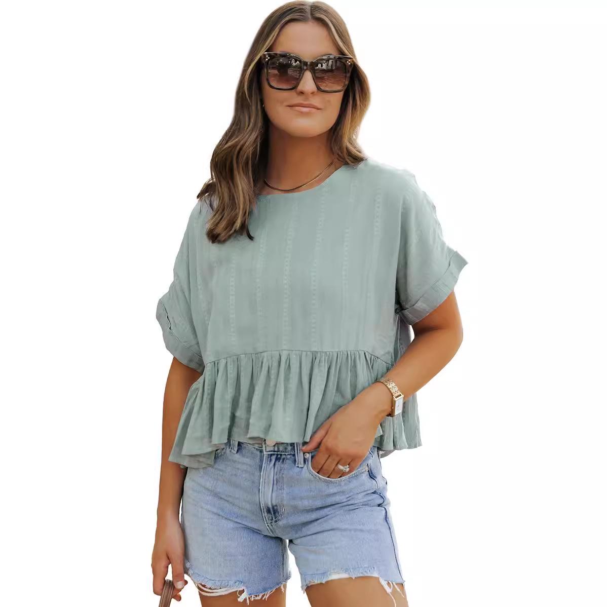 

Женская летняя шифоновая блузка с оборками и короткими рукавами S светло-зеленый
