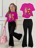 Mädchen 2-teiliges 3D-Druck Grafik-Outfit Kurzarm-T-Shirt & Schlaghose Kinder Freizeit Streetwear Set