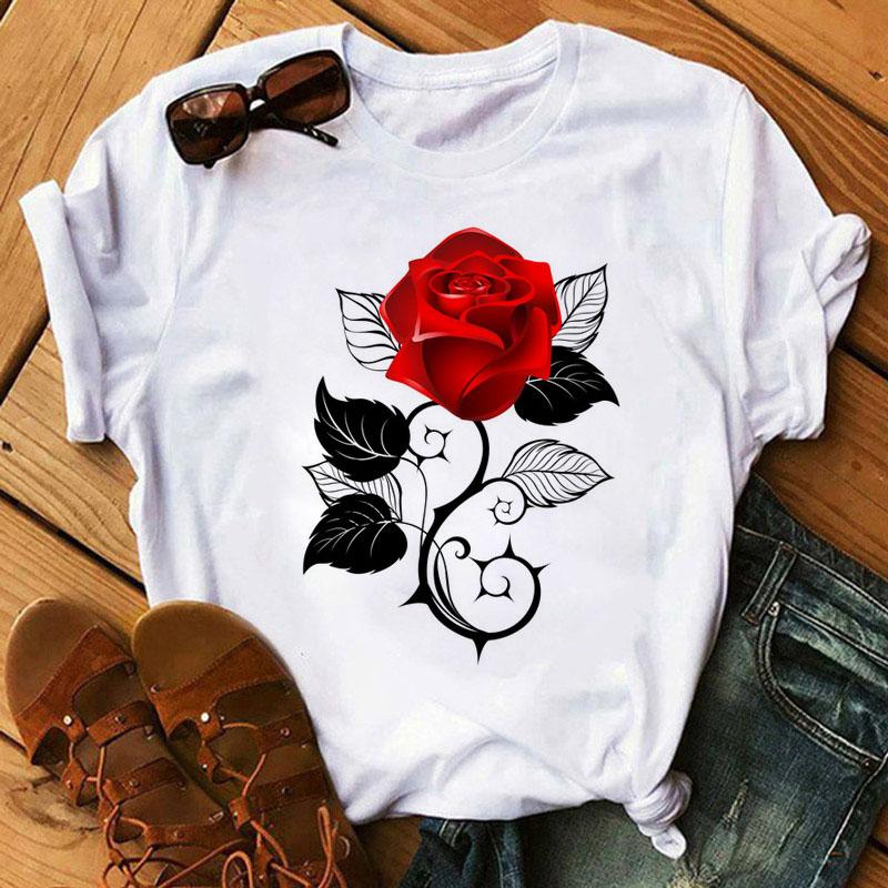 Womens Fashion Tshirt Rose Print Pattern Tshirt Daily Casual Short Sleeve Shirt Summer Round Neck Simple Street Womens