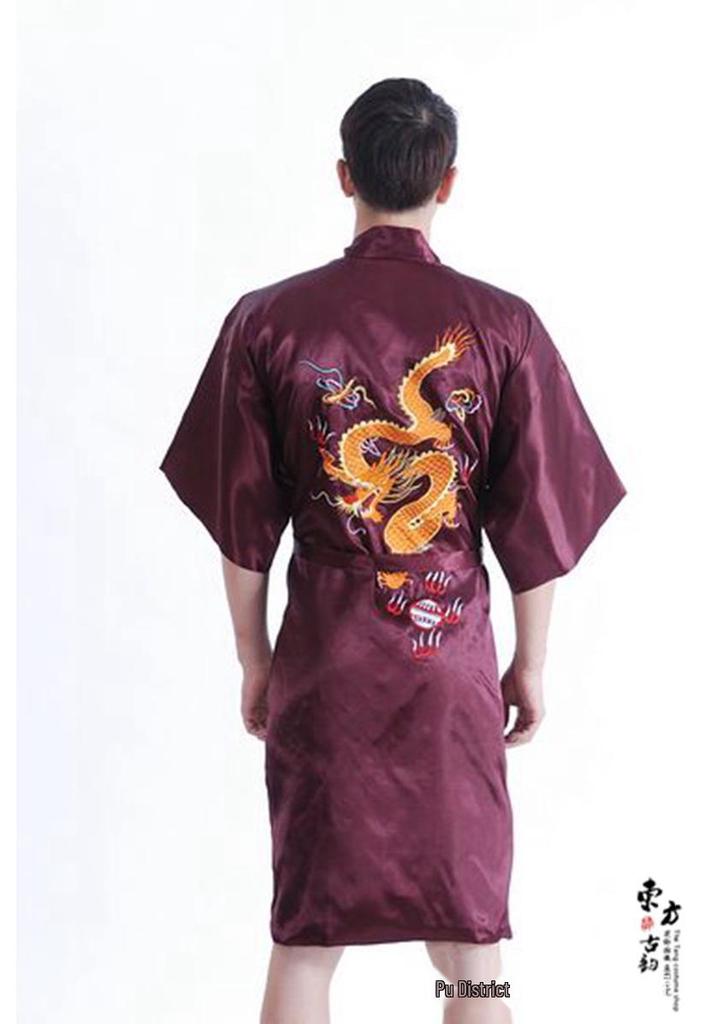 Men's Retro Long Dragon Embroidered Silk Tang Suit Pajama Robe