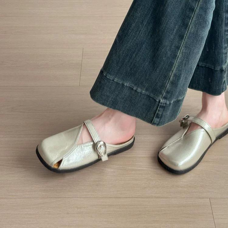 2025 French retro baotou half slippers women's outdoors wear lazy people with one foot, cool slippers, low-heeled square head Mueller shoes