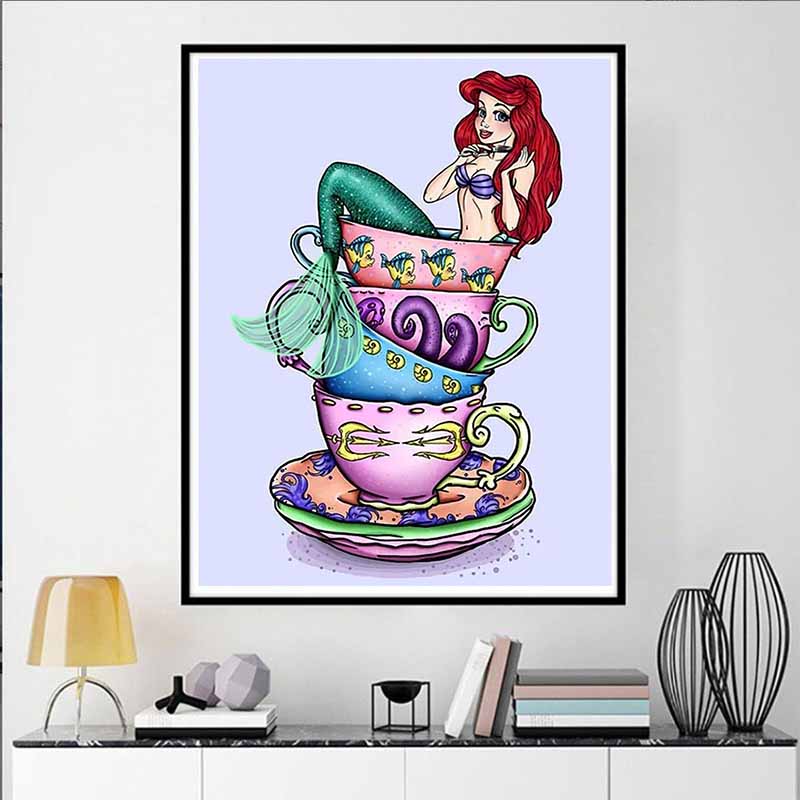 Disney Diamond Painting Ariels Afternoon Tea Fantasy Illustration Cute DIY Rhinestone Mosaic Cross Stitch Kit Embroidery Gift for Home Decor