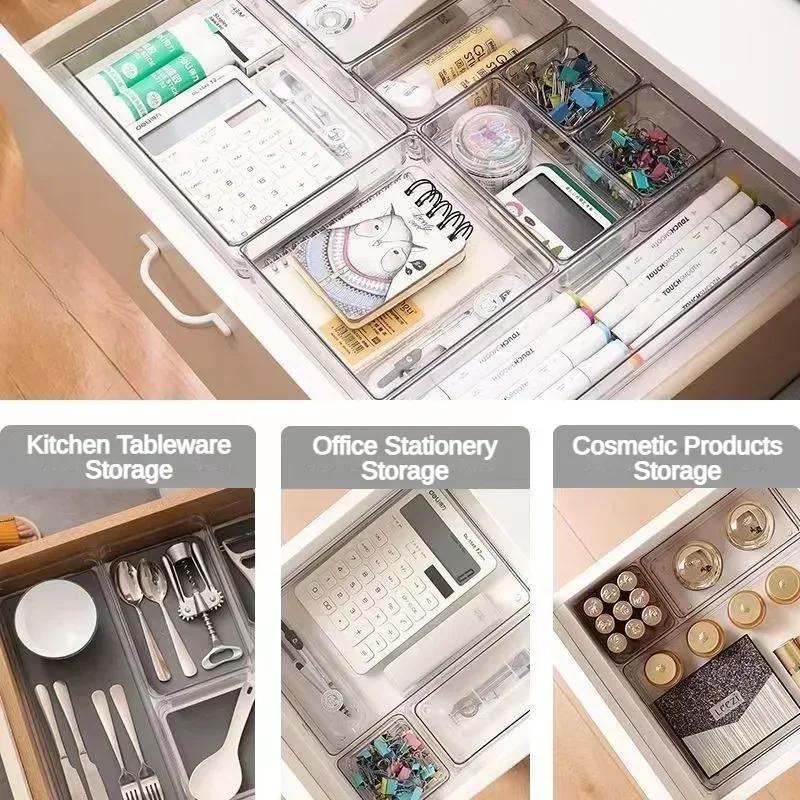 Versatile 7/14-Piece Drawer Organizer Set - Clear Plastic Dividers And Trays in 4 Sizes For Perfect Makeup And Kitchen  Storage