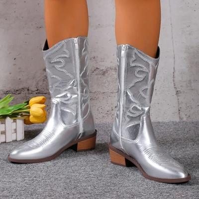 Embroidered Pointed Toe Women's Cowboy Boots Thick Heel Ankle Ladies Shoes Hot Sale Western Silver Tassel Cowgirl Boots