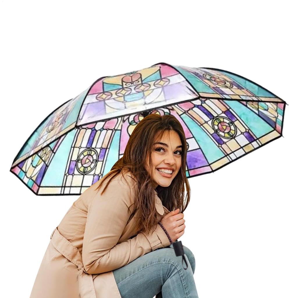 Portable Travel Umbrella Vintage Stained Glass Automatic Folding Umbrella Romantic Sunny Hand-Painted Clear Umbrellas