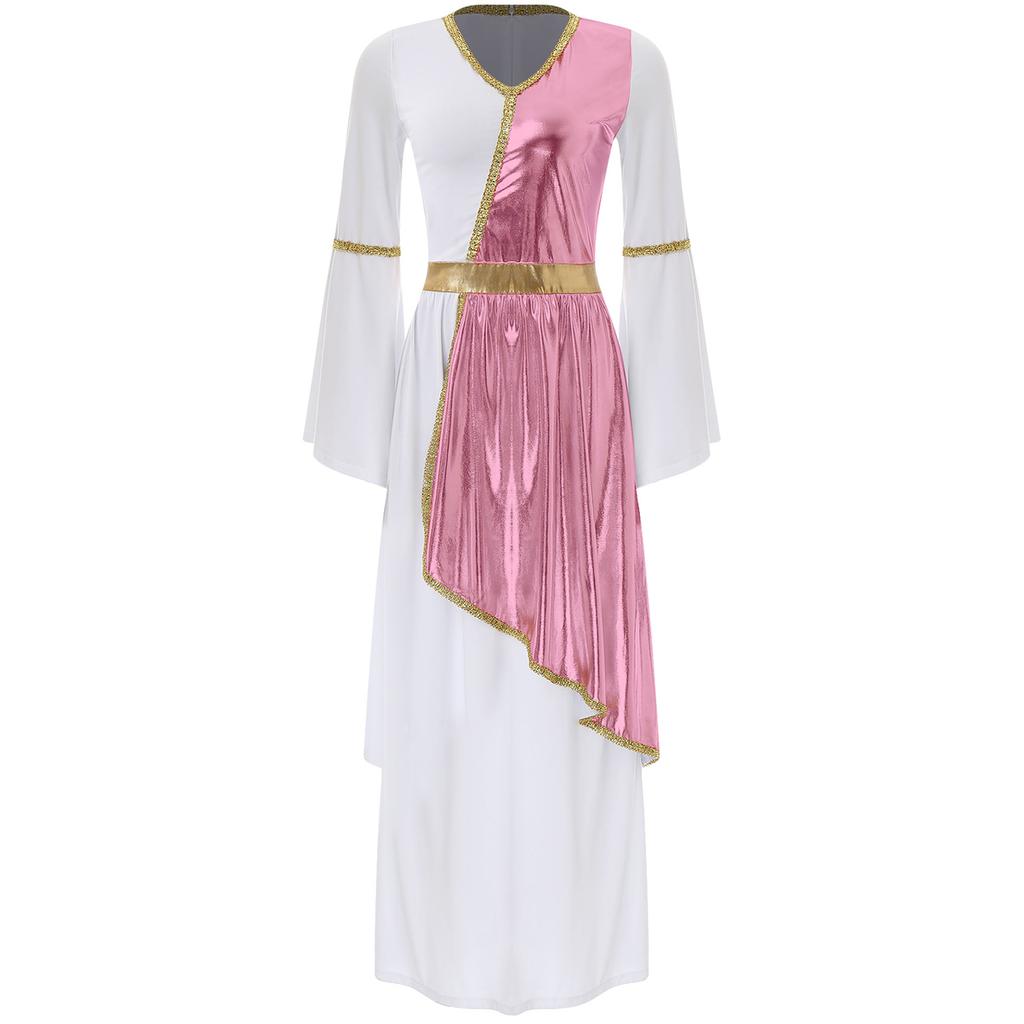 Damen Römische Griechische Schönheit Toga Kleid V-Ausschnitt Trompetenärmel Metallisch Glänzendes Overlay Goldene Borte Robe Halloween Kostüm