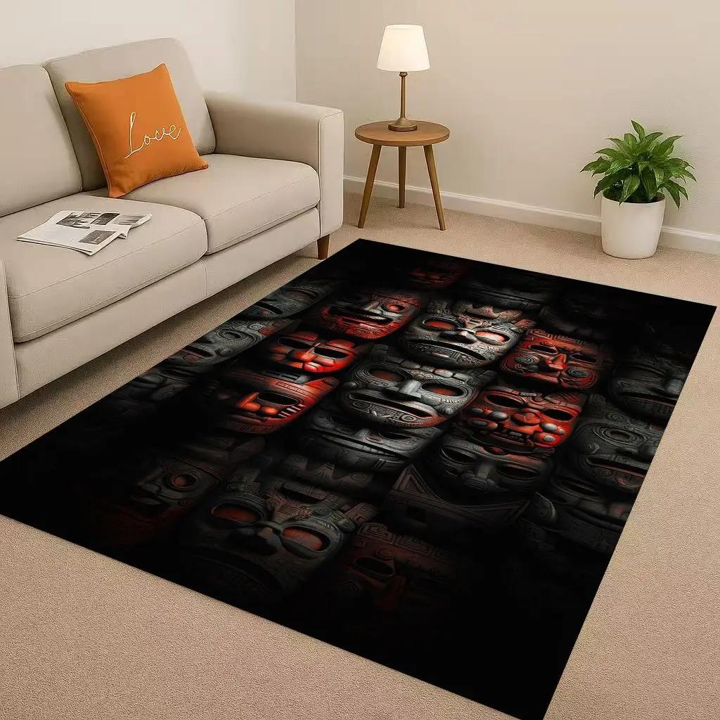 Retro Aztec Totem Maya Mask Sun God Living Room Non-Slip Area Rug Soft Carpet For Bedroom Sofa , Easy Clean Home Doormat Playmat