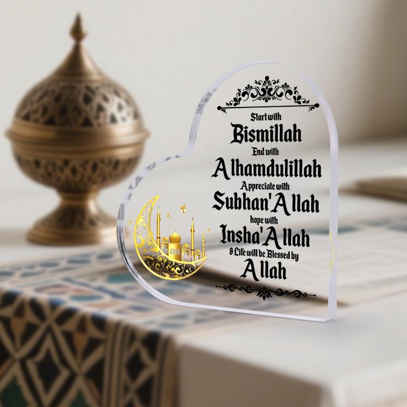 2D Flat Heart Shaped Islamic Acrylic Desktop Decorative Plaque, Home Decor Plaque Hanging Wall Art Decorative Garden Decoration for Room Door Signs Ha