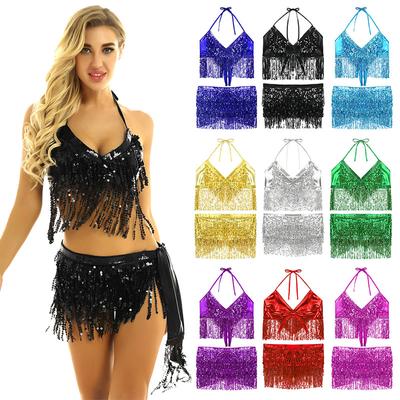 Femei 2buc Costume de dans din buric Sutien cu paiete Top cu eșarfă cu șold cu ciucuri Îmbrăcăminte de dans