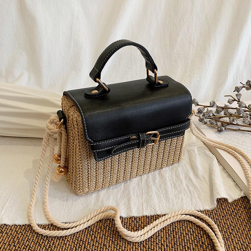 

2025 Luxury Top Designer Woven Straw Patchwork PU Leather Handbags Bohemian Handmade Splicing Shoulder Box Bag Rattan Beach Bag чёрный