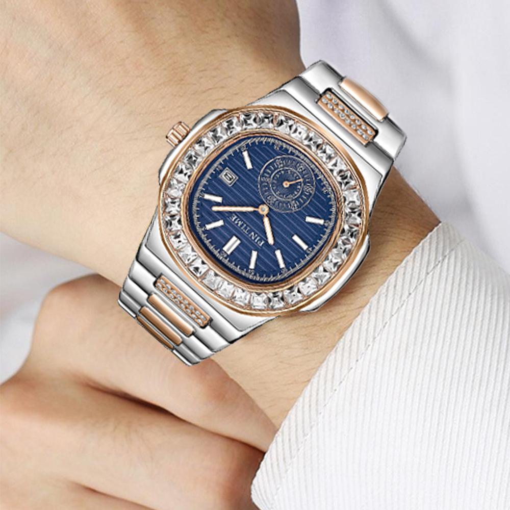 Business Men's Watches Shiny Diamond Case Fashion Quartz Wristwatch Stainless Steel Strap Waterproof 30M Calendar Reloj Hombre